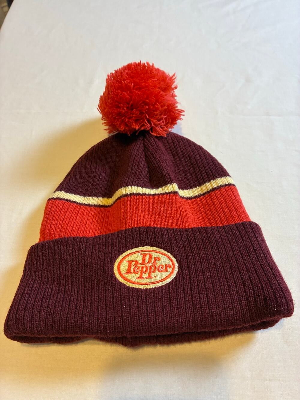 Dr Pepper Knit Pom Pom Beanie Hat Burgundy Soda Advertising Winter Cap